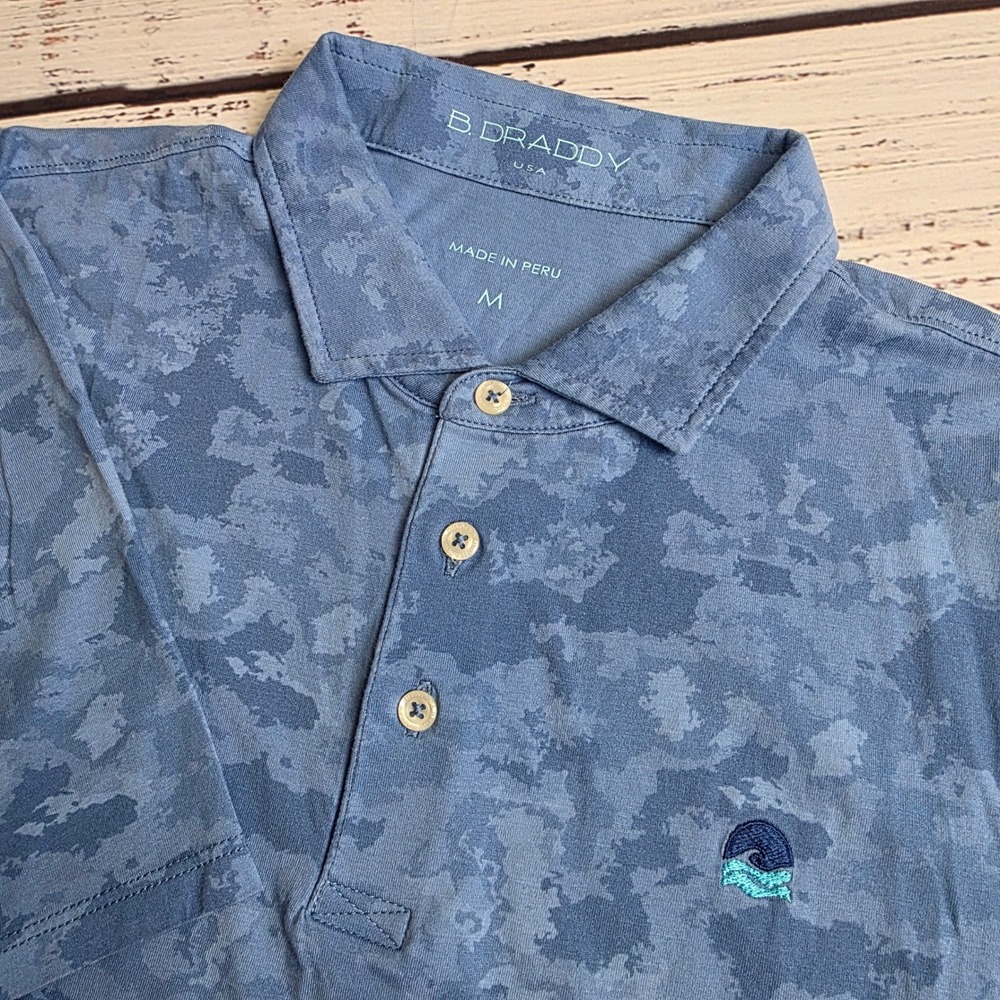 B. Draddy Mens Medium Blue Camo Pima Cotton Golf Polo Shirt Wave Logo 12469